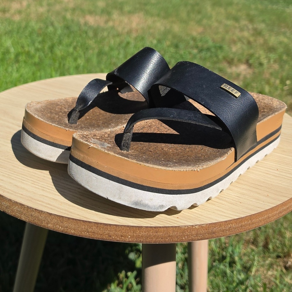 Reef Cushion Vista Hi Black Platform Sandals Cork Footbed Thong Slides Size 8